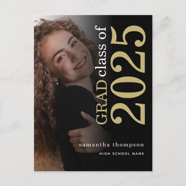 Modern Photo Gold Black 2025 Graduation Announcement Postcard (Front)