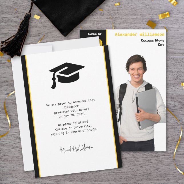 Modern Photo Gold Black Graduation Announcement (Creator Uploaded)