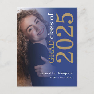 Modern Photo Gold Blue 2025 Graduation Announcement Postcard