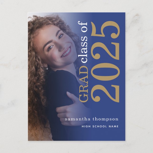Modern Photo Gold Blue 2025 Graduation Announcement Postcard (Front)