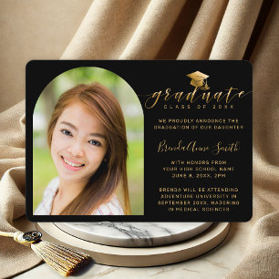 Modern Photo Gold Cap Script on Black Graduation Announcement