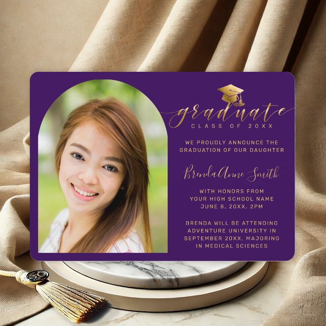 Modern Photo Gold Cap Script on Purple Graduation Announcement (Purple and Gold Script Photo High School Graduation Announcement with future college plans)