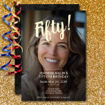 Modern Photo & Gold Foil 50th Birthday<br><div class="desc">Celebrate in style with our modern and elegant invitation. Your personal favourite photo is accented with a dazzling real gold foil "Fifty!" heading above,  with a transparent black overlay surrounding your chic party details. Simple,  sophisticated,  and perfect for the milestone birthday. Created by Simply Farmhouse Press.</div>
