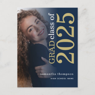 Modern Photo Gold Navy 2025 Graduation  Announcement Postcard