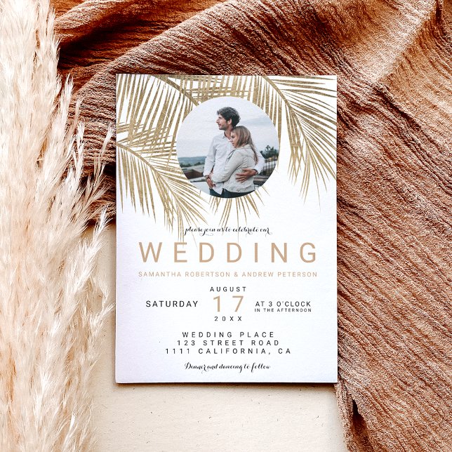 Modern photo gold palm tree elegant wedding invitation (Creator Uploaded)