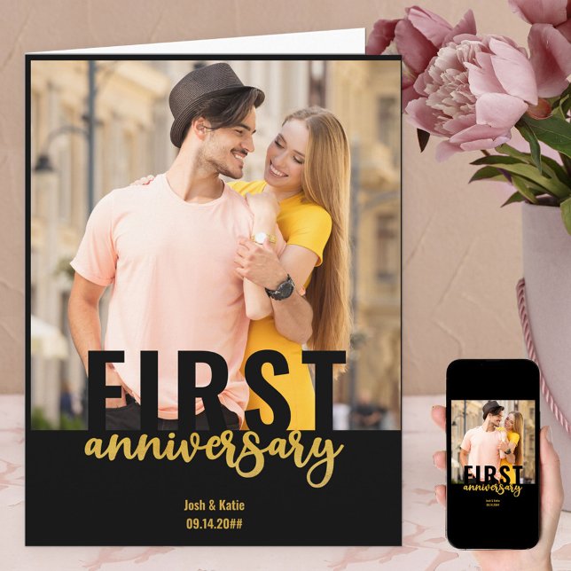 Modern Photo Gold Script 1st Wedding Anniversary Card (Creator Uploaded)