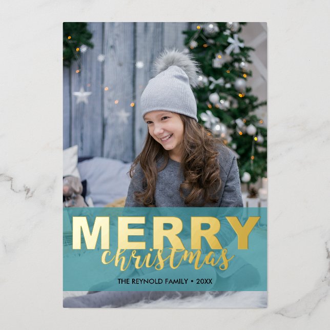 Modern Photo Gold Turquoise Mint Script Christmas (Front)