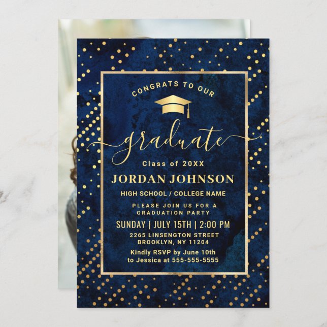 Modern PHOTO Golden Blue Marble Graduation Party Invitation (Front/Back)