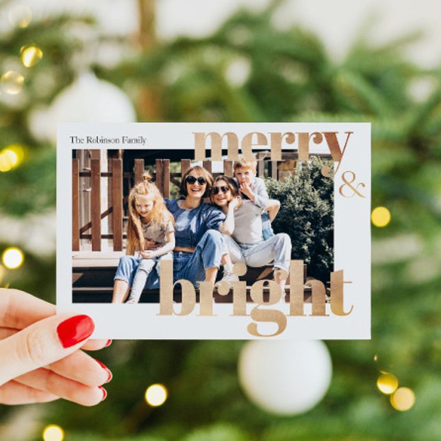 Modern Photo Golden Merry and Bright Christmas Holiday Card (Creator Uploaded)