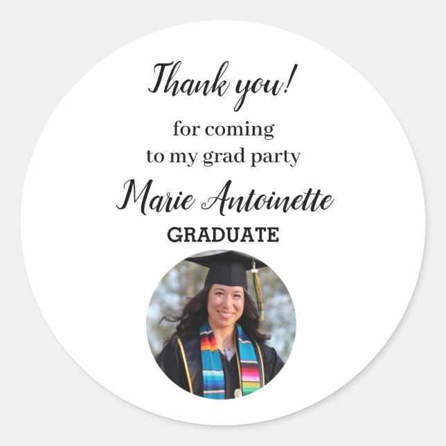 Modern Photo Graduate Thank you Party Classic Round Sticker (Front)
