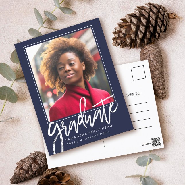 Modern Photo Graduation Announcement Navy 2022 Postcard (Modern postcard chalk style script with photo perfect for a graduate from High School or University.)