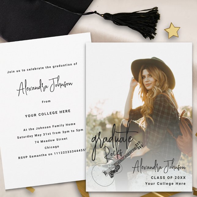 Modern Photo Graduation Announcement Party (Modern trendy vertical photo Graduation party and announcement  invitation with country music guitar)