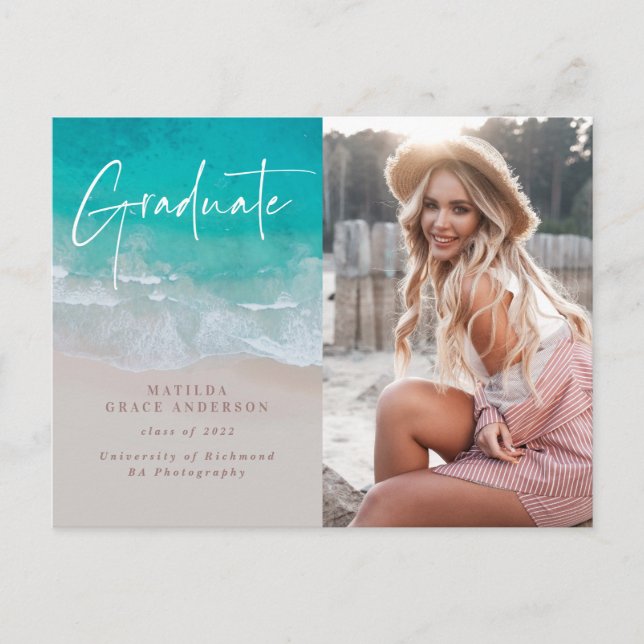 Modern photo graduation ocean beach script modern postcard (Front)