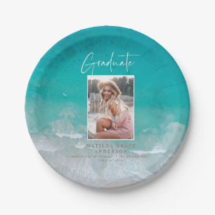Modern photo graduation ocean beach script paper plate