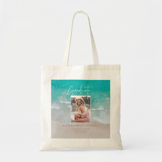 Modern photo graduation ocean beach script  tote bag (Front)