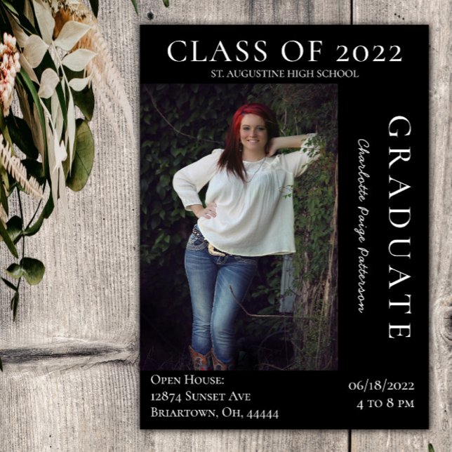 Modern Photo Graduation Open House | Black Invitation (Black Modern Photo Graduation Open House Invitation)