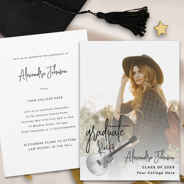 Modern Photo Graduation Party Announcement (Modern graduate photo country guitar music themed graduation party and announcement card)