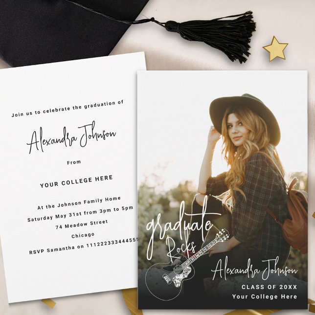 Modern Photo Graduation Party Invitation (Modern trendy vertical photo Graduation announcement party invitation with cool country guitar )