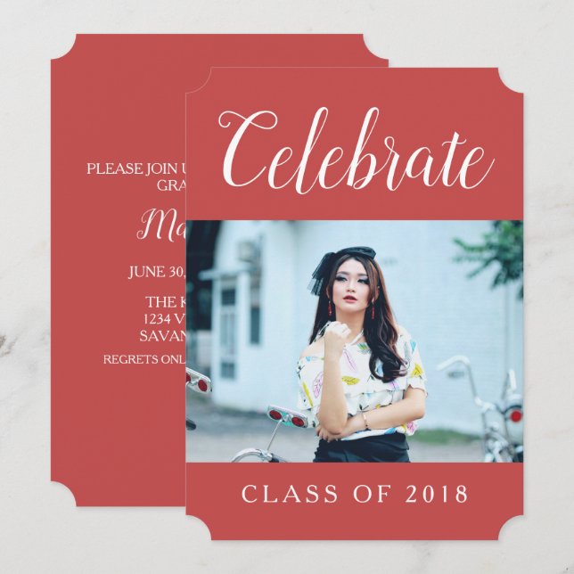 Modern Photo Graduation Party Invite | Red (Front/Back)