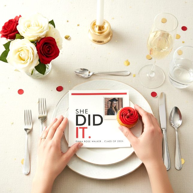 Modern Photo Graduation "She Did It" Red Black Nap Napkin (Creator Uploaded)