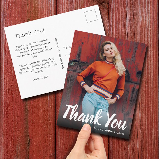 Modern Photo Graduation White Script Thank You Postcard (Thank you graduation postcards with your photo on the front and message on the back)