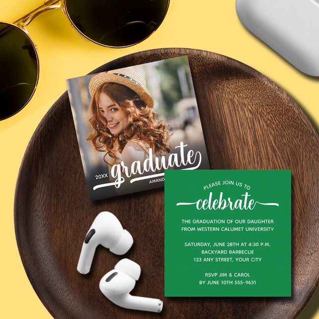 Modern Photo Green Graduation Party Enclosure Card (Modern photo green graduation party enclosure cards, hand out or put in with announcements)