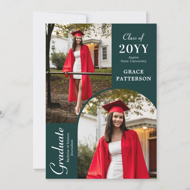 Modern Photo Green White Graduation Announcement (Front)
