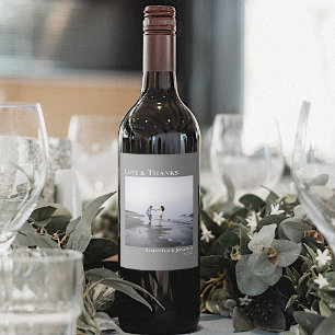 Modern Photo Grey Love & Thanks Minimal Wedding Wine Label