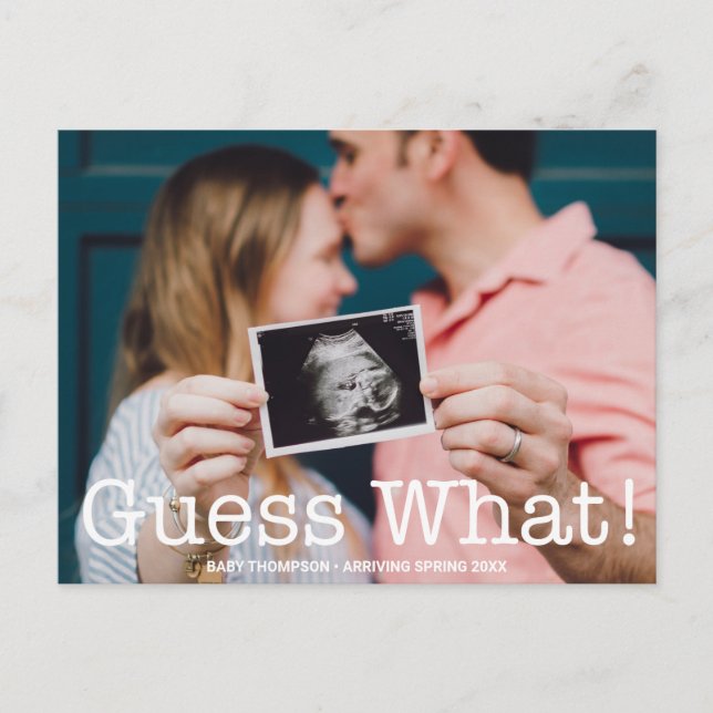 Modern Photo Guess What! Pregnancy Announcement Postcard (Front)
