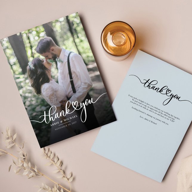 Modern Photo Hand-Lettered Wedding Thank You Card (Modern Wedding Photo Guests Thank You Script Handwritten Card)