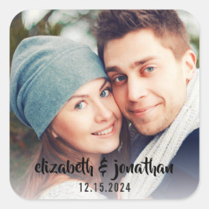 Modern Photo Handwritten Script Custom Wedding Square Sticker