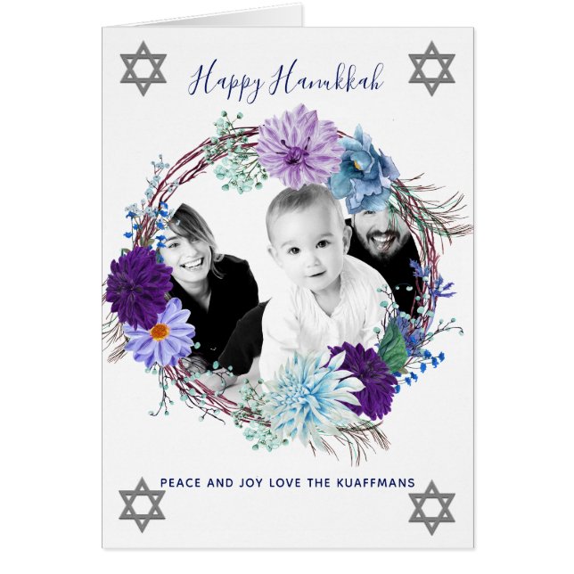 Modern PHOTO Hanukkah Blue Watercolor Flowers (Front)