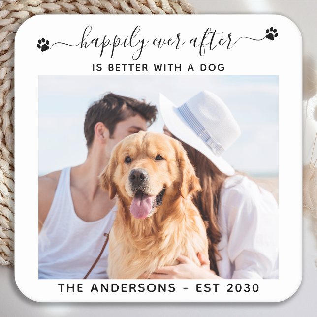 Modern Photo Happily Ever After Dog Pet Wedding Square Paper Coaster (Creator Uploaded)
