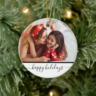 Modern Photo Happy Holiday White Monogram Ceramic Tree Decoration