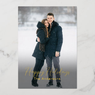 Modern Photo Happy Holidays Family Name Gold