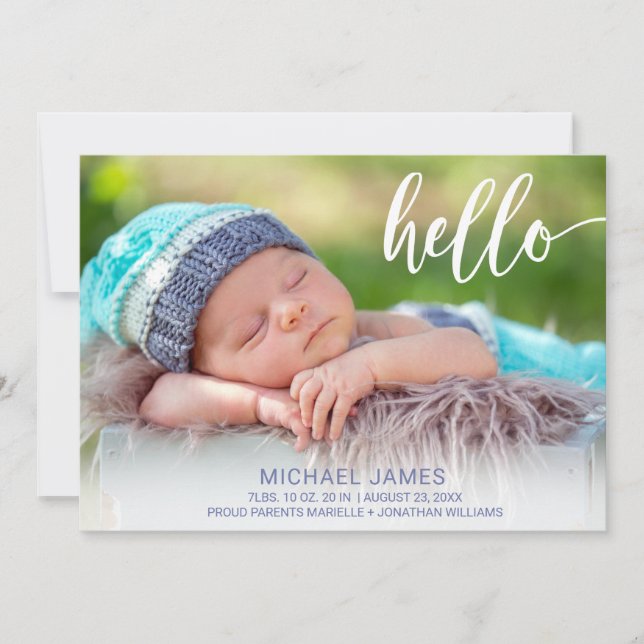 Modern Photo Hello Script Stripe Baby Boy Birth Announcement (Front)