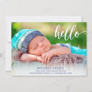 Modern Photo Hello Script Stripe Baby Boy Birth Announcement