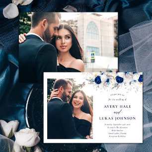 Modern Photo Horizon Blue & White Floral Wedding Invitation
