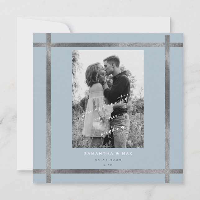 Modern Photo Icy Blue & Silver Square Wedding Invitation (Front)