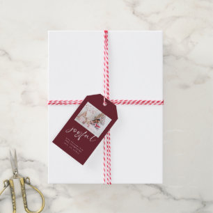 Modern Photo Joyful Script Burgundy Christmas Gift Tags