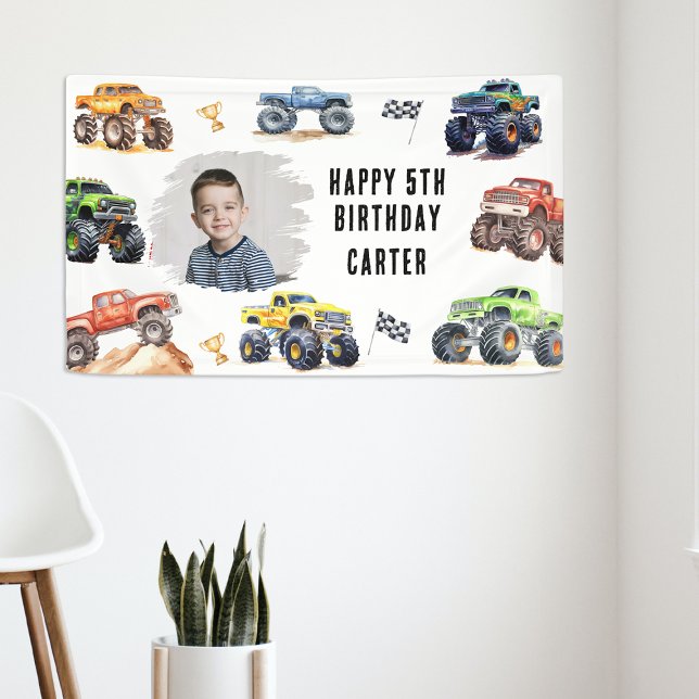 Modern Photo | Kids Monster Trucks Birthday Party Banner (Creator Uploaded)