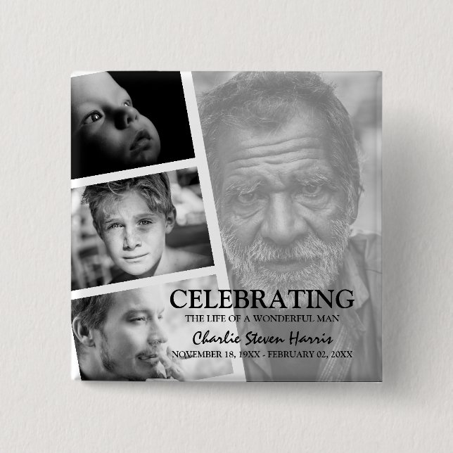 Modern Photo Life Story Collage Funeral 15 Cm Square Badge (Front)