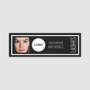 Modern PHOTO & Logo Black White Lashes Artist Name Tag