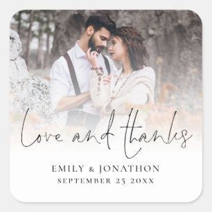 Modern Photo Love and Thanks Wedding  Square Sticker