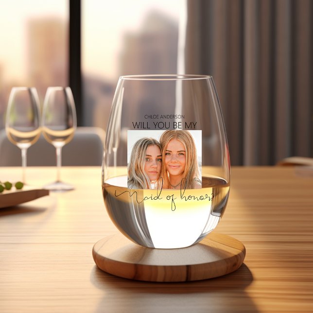 Modern Photo Maid Of Honour Proposal Stemless Wine Glass (Creator Uploaded)