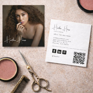Modern Photo Makeup Artist Hair Stylist QR Code Square Business Card