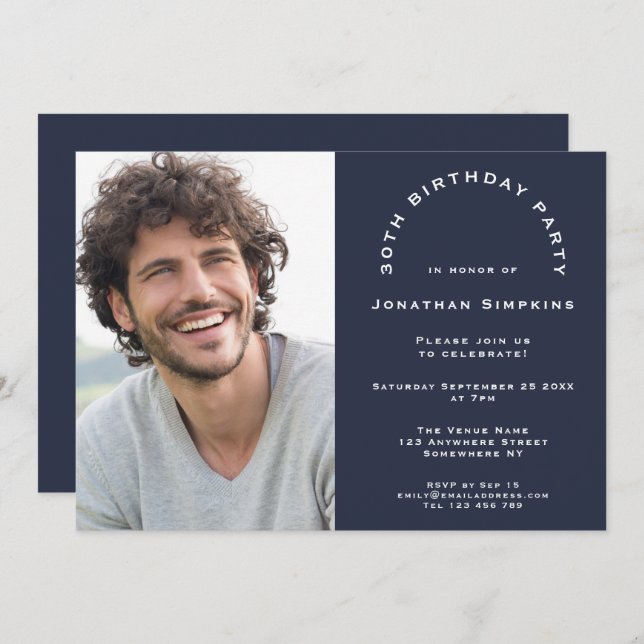 Modern Photo Man 30th Birthday Party Navy Invitation (Front/Back)
