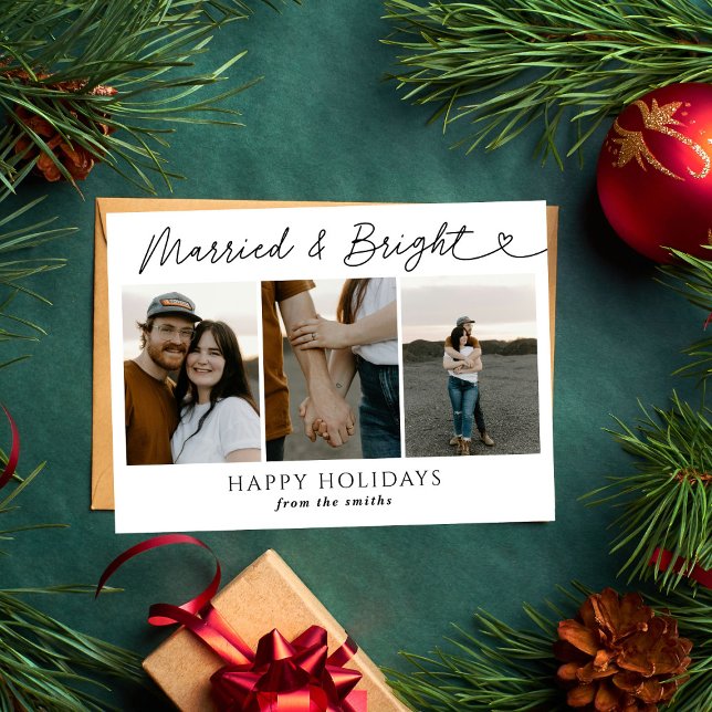 Modern Photo Married & Bright Newlywed Christmas  Holiday Card (Creator Uploaded)
