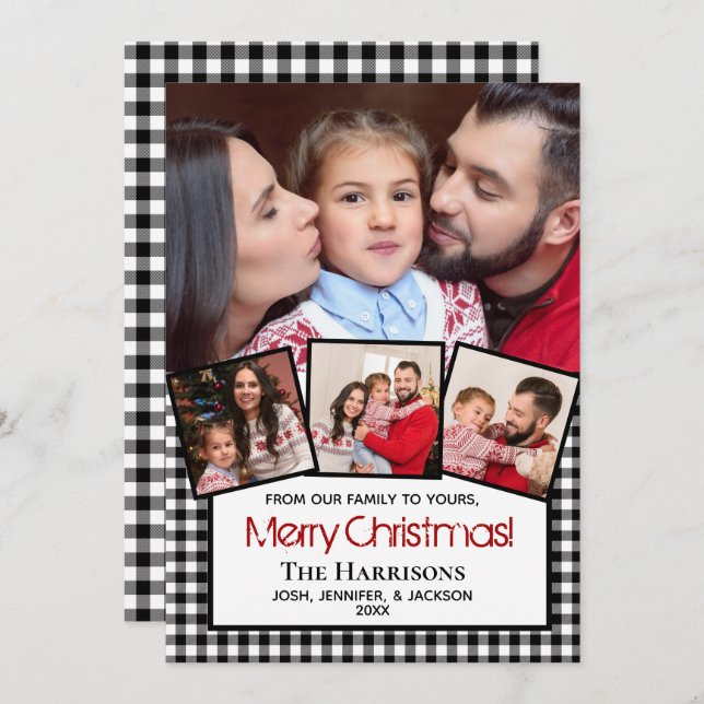 Modern Photo Merry Christmas Black Buffalo Plaid Holiday Card (Front/Back)