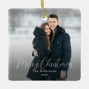 Modern Photo Merry Christmas Family Name Ceramic Ornament
